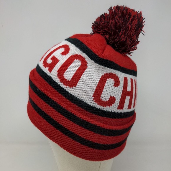 K&B Men's Knit Beanie Hat Cap Red Black Striped 100% Acrylic Pom Pom - Picture 5 of 11